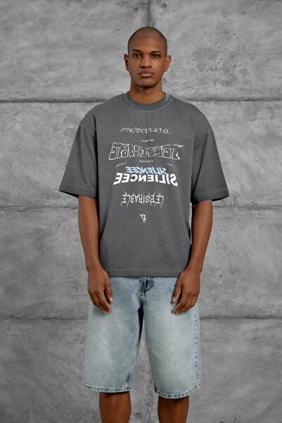 NOMARC Tricou supradimensionat din țesătură lavabilă, cu imprimeu text afumat