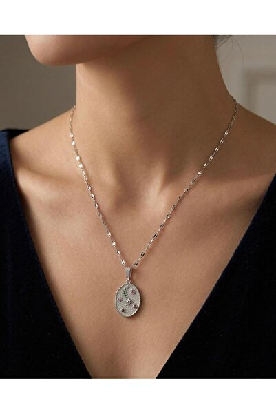 Vira Rise Women's Silver Color Steel Necklace with Zircon Stone Oval Plate St...
