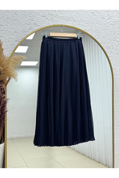 MİHRA STORE Φούστα σιφόν με πιέτες και επένδυση Piraye - FA1079 Ναυτικό μπλε