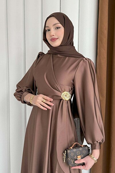 MERVE TESETTÜR Broş Detaylı Premium Kumaş Saten Tesettür Abiye