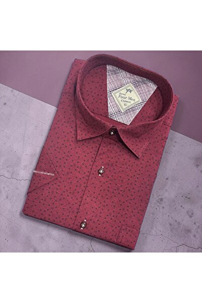 GÖMLEK GALERİSİ Classic Wide Cut Patterned Short Sleeve Claret Red Men's Spor...