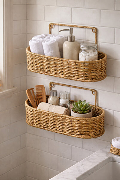 newar 2’li Duvar Askılı Rattan Organizer Seti Oval Mutfak Rafı Banyo Düzenley...