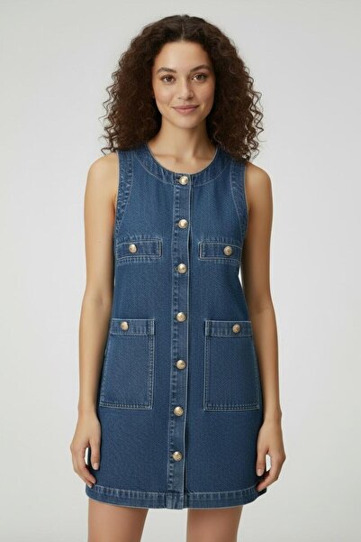 Ferte Kadın Sıfır Kol Gold Düğmeli Mini Denim Elbise