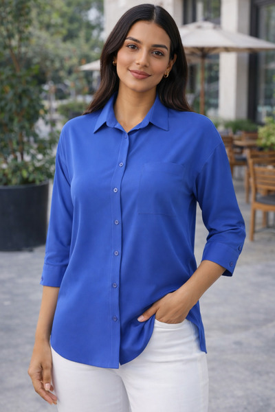 citystyle Γυναικείο πουκάμισο Indigo με λεπτομέρεια τσέπης, κλασικό γιακά, μα...