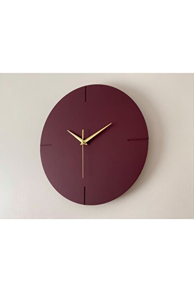 Saatnâme El Boyaması Bordo Minimal Duvar Saati - Dekoratif 35x35 cm MDF - Ses...
