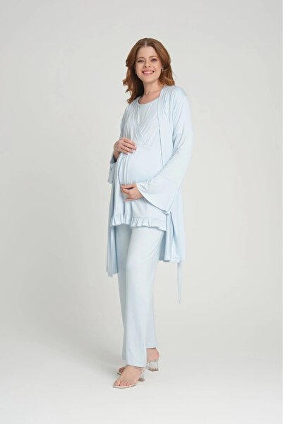 Lohusa Homewear New Season Blue Maternity Summer Design 100% Cotton Double-Br...