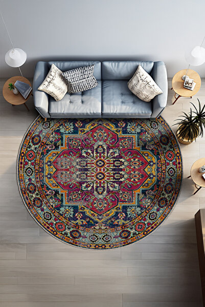 BigArts Home Etnik Desenli Şönil Yuvarlak Halı Salon Mutfak Odası Yolluk