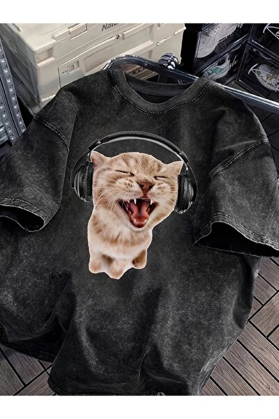 Le Savu Μπλουζάκι Unisex με στάμπα γάτας με ακουστικά, πλενόμενο, vintage, ov...