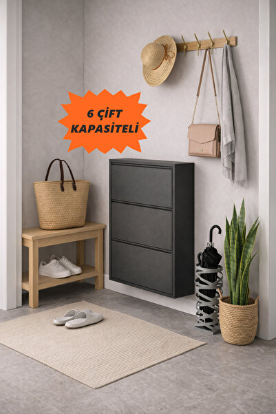 Flinder Metal 3 Kapaklı Antrasit Ayakkabılık, (KURULUM GEREKTİRMEZ), 6 Çift A...
