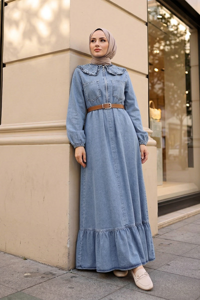 MODAQU Zippered Baby Collar Pearl Detail Belted Denim Dress - Ice Blue