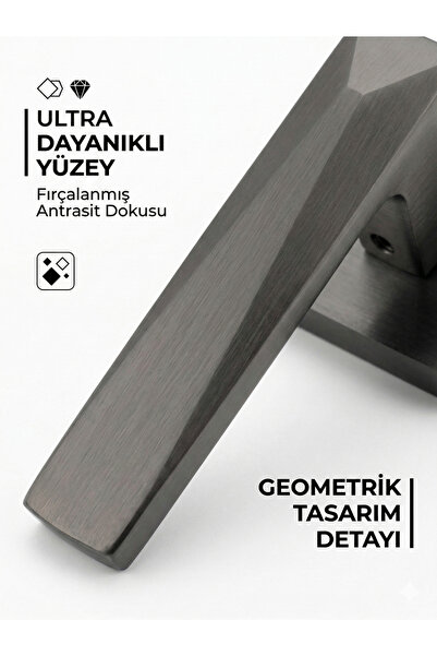 Lavinya Piramit Premium Model Antrasit Renk Kare Rozetli Oda Kapı Kolu / 1 Takım