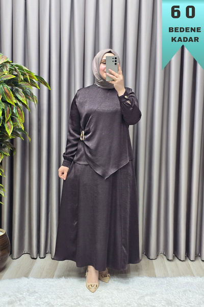 Elmas Tesettür Γυναικεία Ρούχα Μεγάλου Μεγέθους Σατέν Σετ με Φούστα και Πόρπη