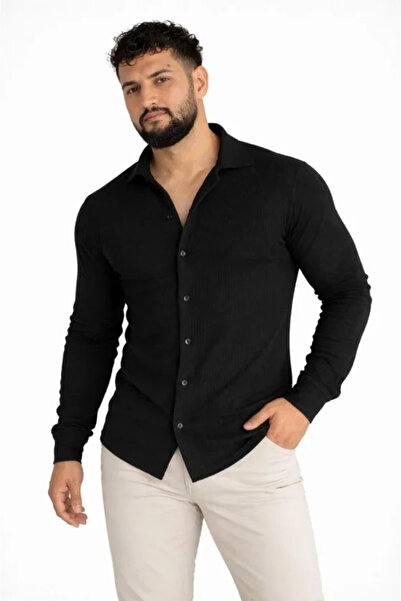 Butik Men's Waffle Fabric Long Sleeve Button down Open Collar Regular Fit Shi...