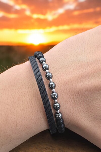 NBS Beautiful Naturel Stones Men's Leather Bracelet with Hematite, Agate Natu...
