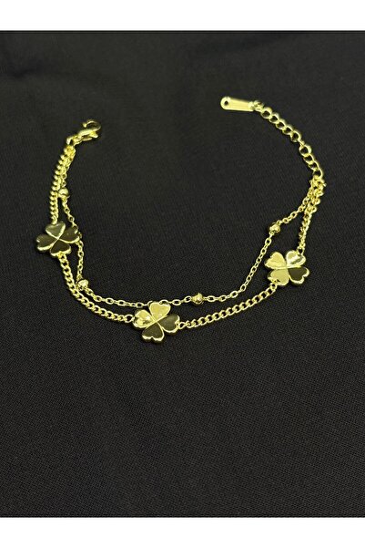Melisa Takı & Aksesuar 316L Steel Silver Color Double Chain Clover Bracelet (...