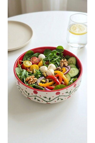 EvaniLife Rose Vine Modeli El Yapımı Orta Boy Seramik Salata Kasesi - Diyet Bowl