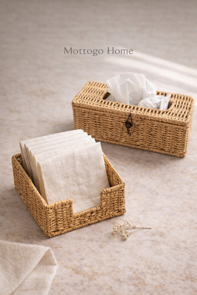 Mottogo Σετ 2 ψάθινων οργανωτών με κουτί για χαρτοπετσέτες και καπάκι, οργανω...