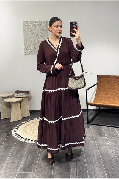 Miasista Kruvaze Yaka Dalga Şeritli Elbise