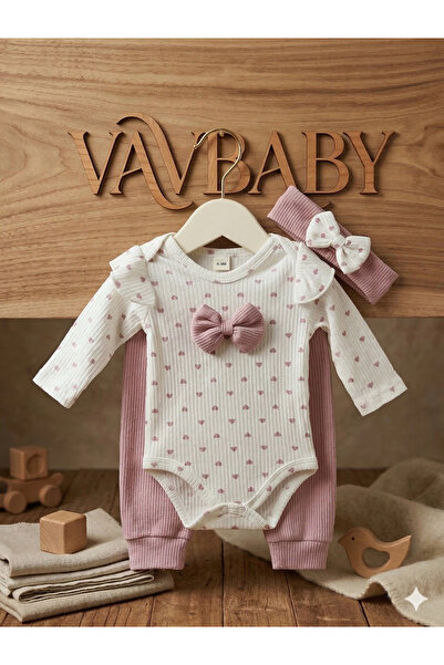 Baby Girl Heart Patterned Snapsuit with Bow and Bandana Set of 3 - Dusty Rose