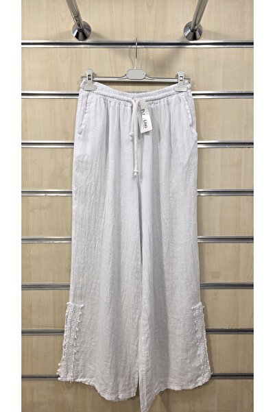 Park Moda Λευκό ιταλικό λινό παντελόνι με σκισίματα στα μπατζάκια