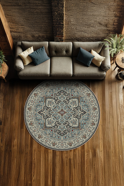 BigArts Home Yeşil Klasik Desenli Şönil Yuvarlak Salon Mutfak Kilim Yolluk