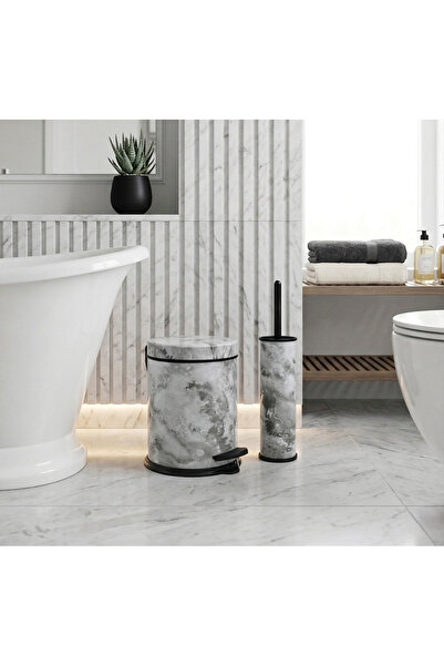 GörSeç Σετ μπάνιου 3 λίτρων από λευκό μάρμαρο 2 τεμαχίων Κάδος απορριμμάτων μ...