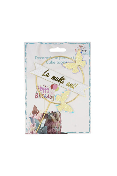 Gift Design Topper pentru tort Model Tort Cerc Auriu cu Fluturi