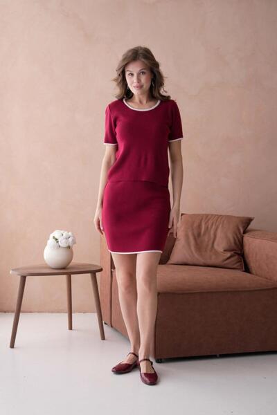 fuşyha butik Short Sleeve Skirted Crew Neck Knitwear Top and Bottom Set