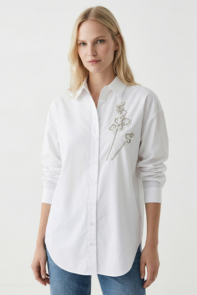 Exquise Πουκάμισο με γιακά, μακρύ μανίκι, με κεντημένες μανσέτες, λευκό κανον...