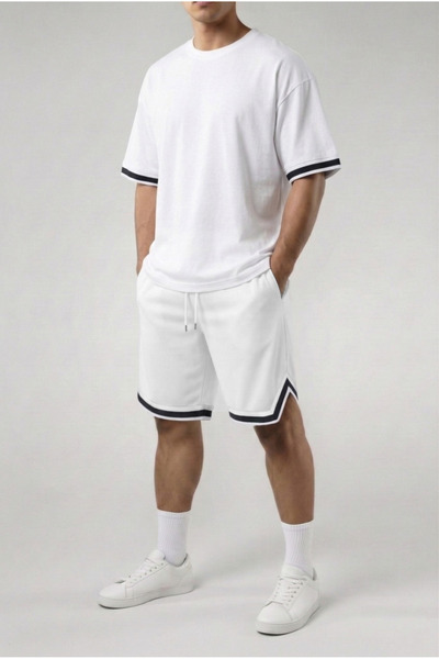 MARECASH Ανδρικό μπλουζάκι με ρίγες, σετ σορτς με ρίγες στα μανίκια και σχισμ...