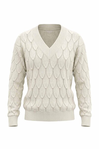 Sementa Γυναικείο πλεκτό πουλόβερ με λαιμόκοψη V και σχέδιο φύλλων - Κόκκινο