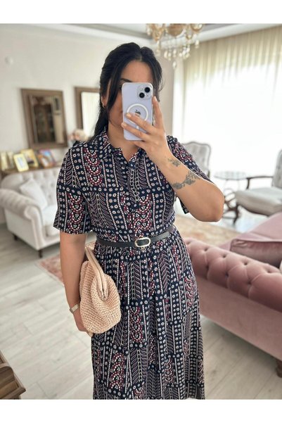 POİSE Gömlek yaka desenli maxi elbise