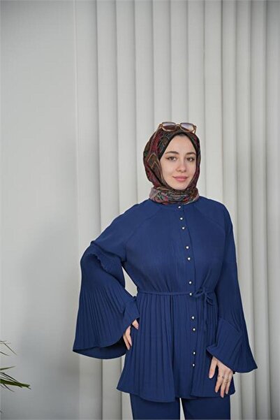 Neşeli Butik Women's Navy Blue Pleated Button Detailed Double Loose-Fitting H...