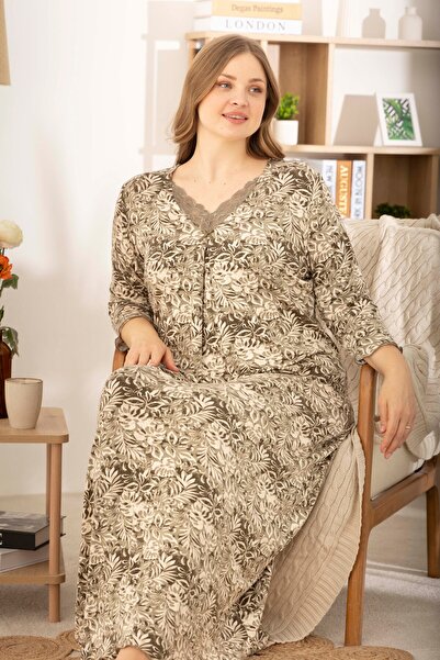 Khaki Leaf Patterned Ring Viscose Three Quarter Sleeve Plus Size Dress