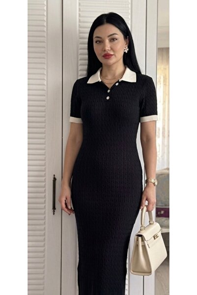 ABBA Κοντομάνικο Πλεκτό Φόρεμα Μίντι με Απαλή Υφή Μαύρο