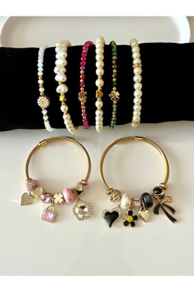 H&T acsessories 8li Çelik Gold Kadın Charm Bileklik Seti 3 (Özel Takı Kutusu ...