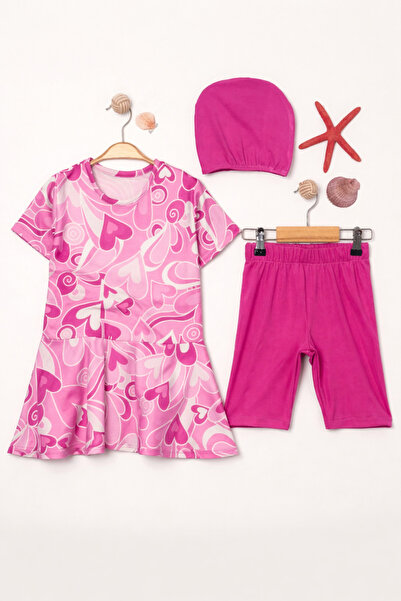 Beniizle Flounce Skirt Patterned Boned Girls' Three-Piece Set Swimsuit
