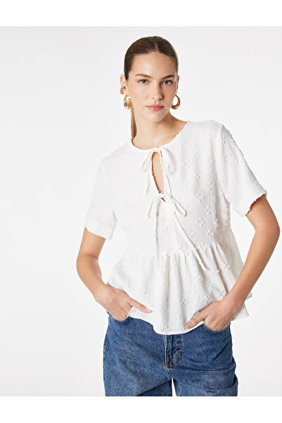 Koton Tie-Back Bow Detail Short Sleeve Textured Peplum Blouse