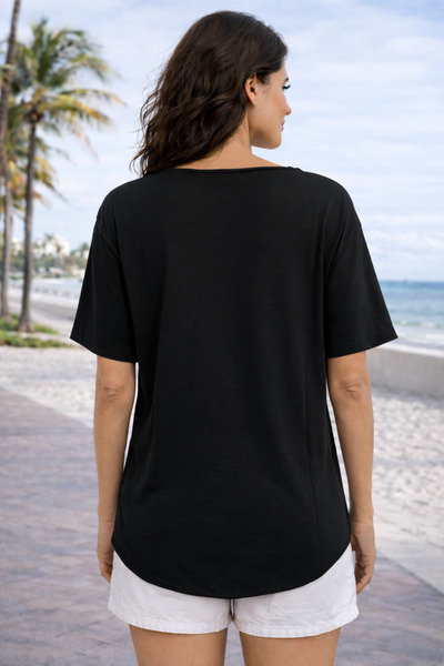 citystyle Kadın Siyah Yuvarlak Yaka Salaş Yıldız Baskılı Omzu Fileli Yıkamalı Kısa Kollu Bohem Rahat T-shirt