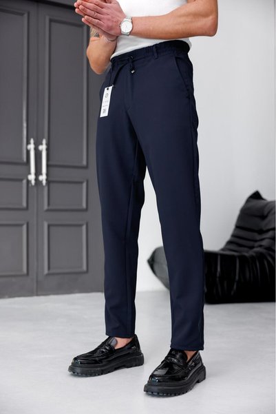 Ser Joven Men's Navy Blue Relaxed Fit Elastic Waist Lace-Up Jogger Fabric Trousers with Side Pockets