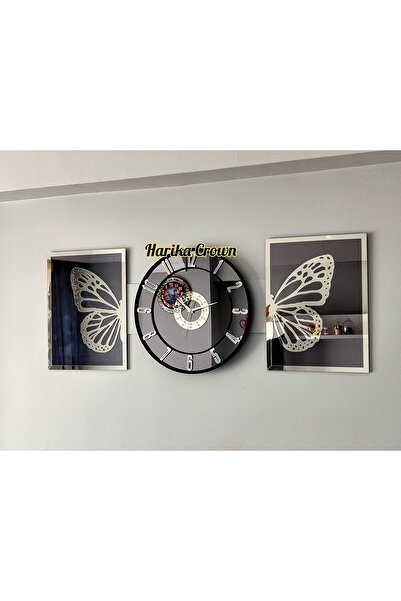 Empressco Modern Aynalı Model 2 Li Kelebek Tablo Ve Saat Seti 40 Gümüş 40 x 40