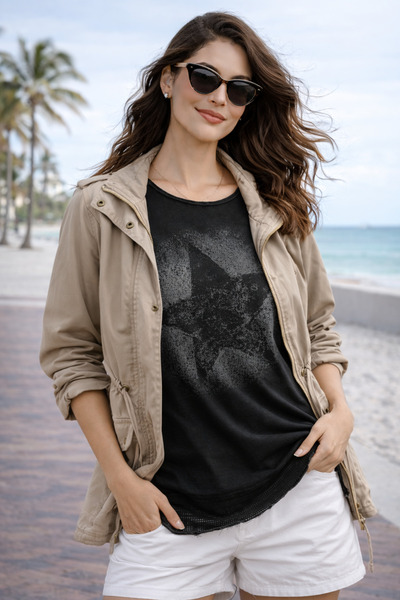 citystyle Kadın Siyah Yuvarlak Yaka Salaş Yıldız Baskılı Omzu Fileli Yıkamalı Kısa Kollu Bohem Rahat T-shirt
