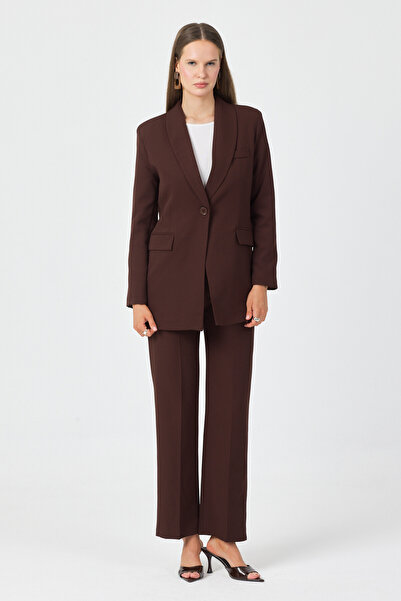 pembekurdelem Γυναικείο Σετ Παντελόνι και Σακάκι με Ένα Κουμπί σε Καφέ Χρώμα