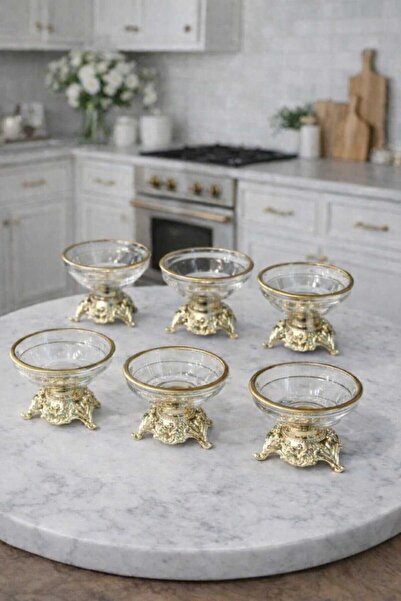RASHA COLLECTION Gold Ayaklı 6'lı Cam Sunumluk Kasesi Kahve Yanı Lokumluk Çer...