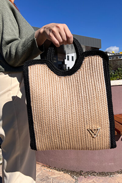 KAAN HOME Κρεμ μαύρη ψάθινη τσάντα παραλίας με στρογγυλή λαβή, πολλαπλών χρήσ...