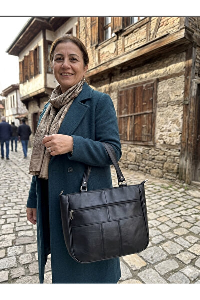 EANKA Hakiki Deri Siyah Kadın Kol Çantası - Çok Bölmeli Fermuarlı Büyük Boy O...