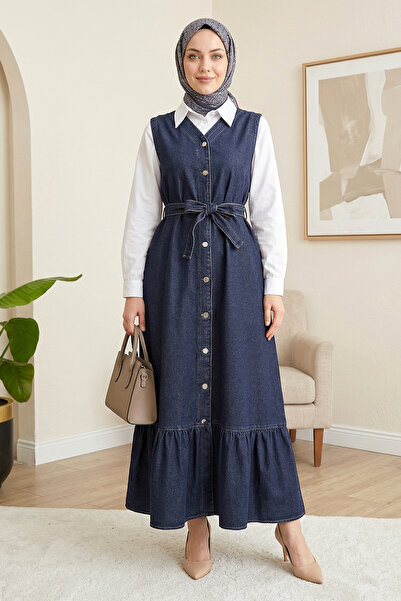 FERHEL Γυναικείο τζιν φόρεμα με δέσιμο στη μέση, κουμπιά και λεπτομέρεια τσέπ...