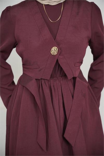 Neşeli Butik Γυναικείο μπορντό φόρεμα χιτζάμπ με χρυσά κουμπιά και λεπτομέρει...