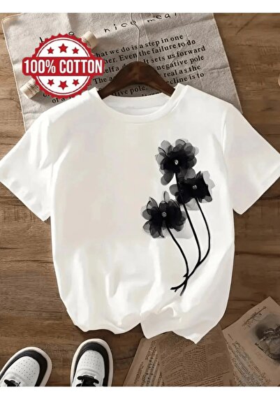 yombaa 3 Μαύρα μπλουζάκια με στάμπα λουλουδιών σε μεγάλο μέγεθος