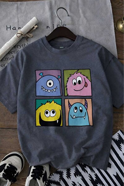 E-ROMA Cute Monster Printed Unisex Children's T-Shirt 6Gh4